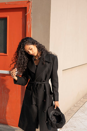 Womens long on sale black belted coat