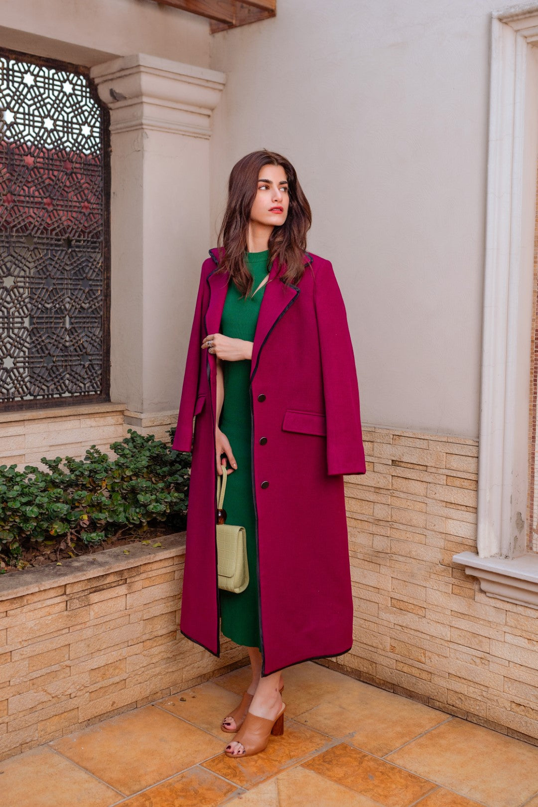 GREED- Magenta Wool Long Overcoat For Women