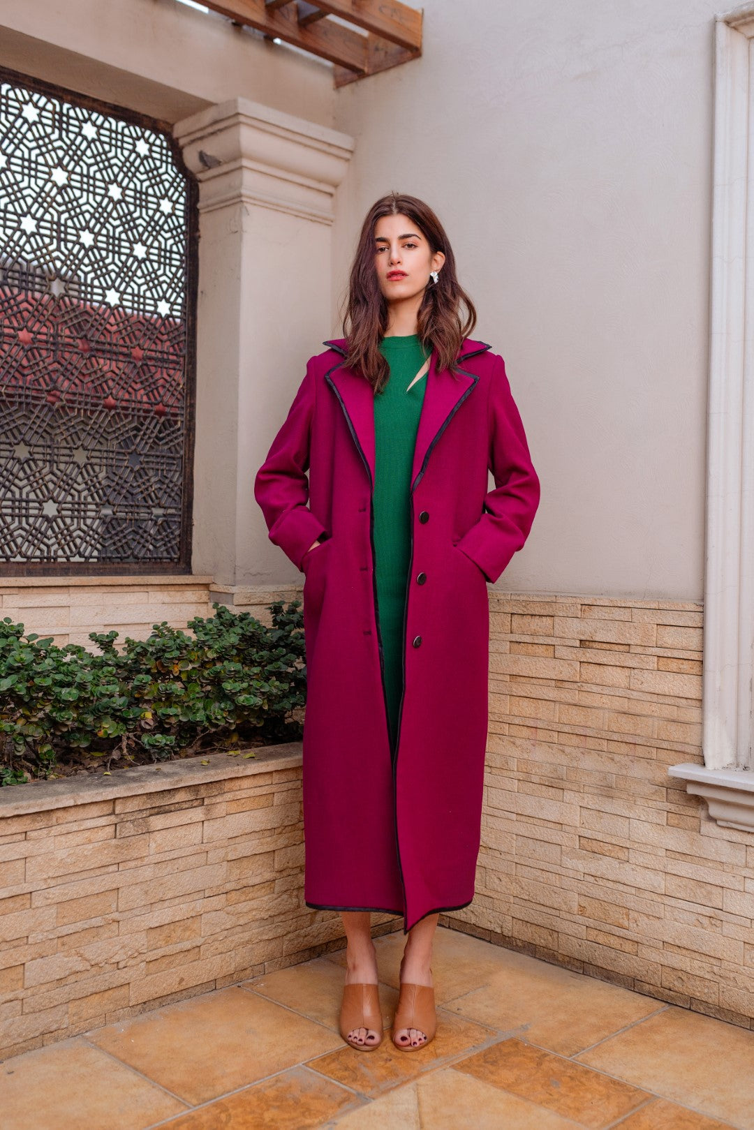 GREED- Magenta Wool Long Overcoat For Women