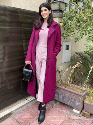 GREED- Magenta Wool Long Overcoat For Women